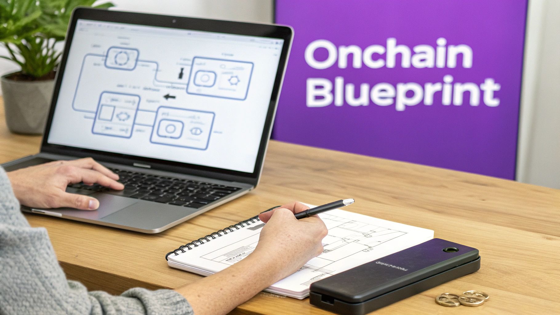 A person works on a laptop showing a blockchain diagram, taking notes next to an 'Onchain Blueprint' sign.