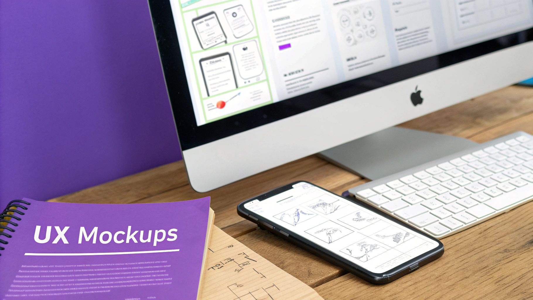 A desk setup with an Apple iMac displaying UX mockups, an iPhone, a keyboard, and a 'UX Mockups' notebook.