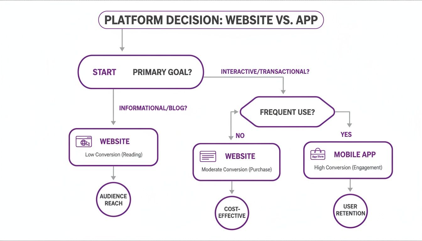 Decision flowchart comparing website vs. app based on primary goal, usage frequency, and benefits.