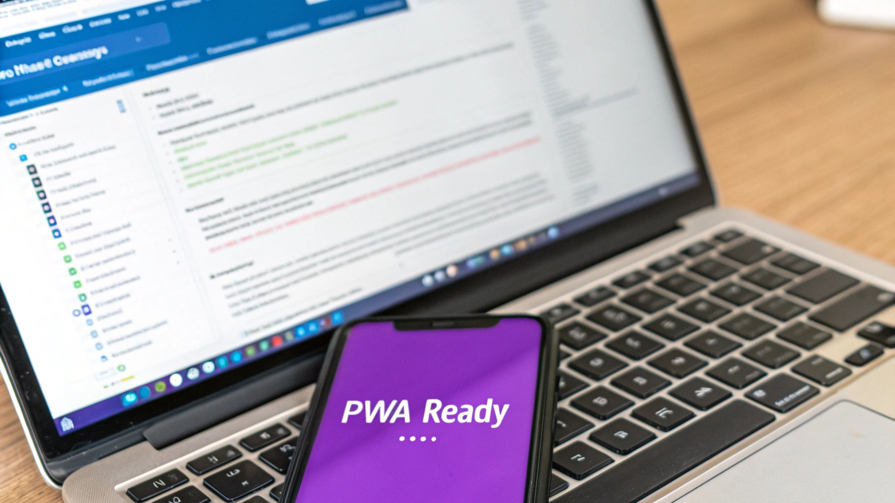 A smartphone displaying 'PWA Ready' on a purple screen, resting on a laptop keyboard.