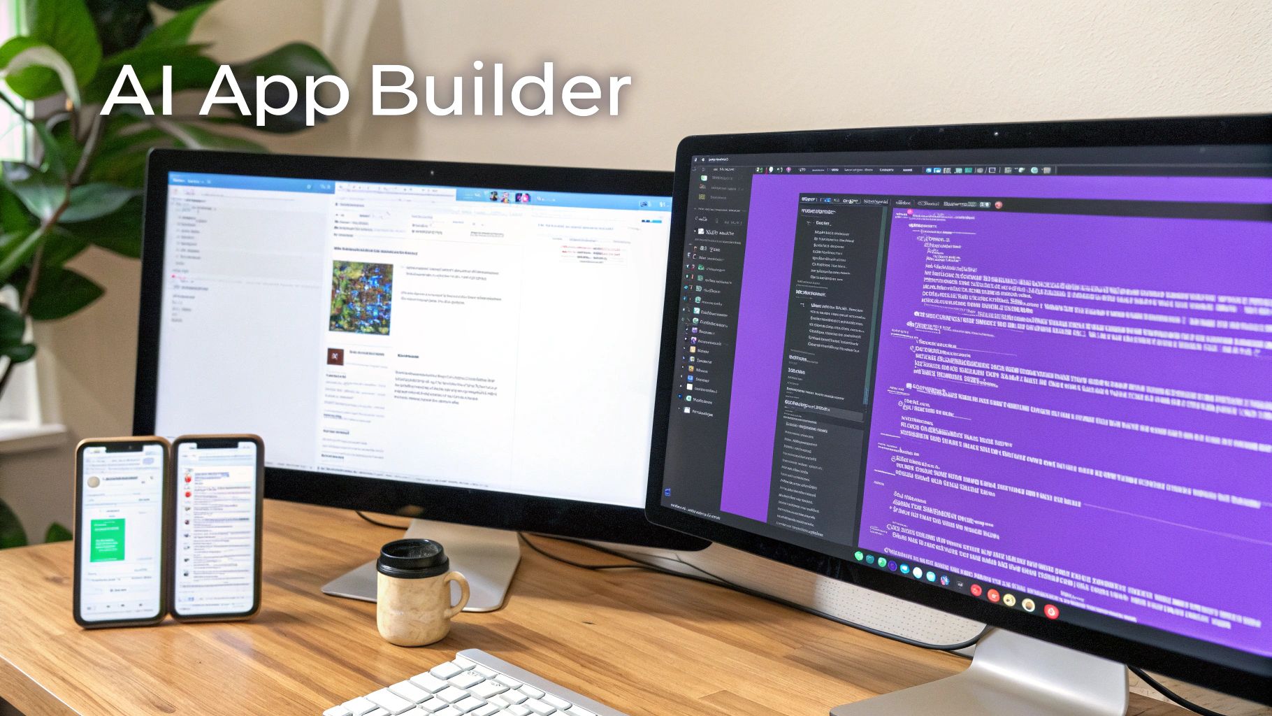 Dual monitors display code and app interfaces, with two smartphones on a tech workspace.