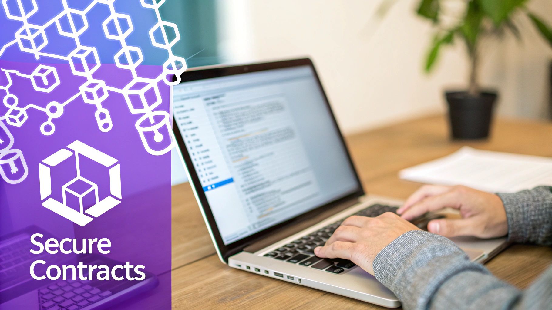 Hands typing code on a laptop with 'Secure Contracts' text and blockchain-like graphics.