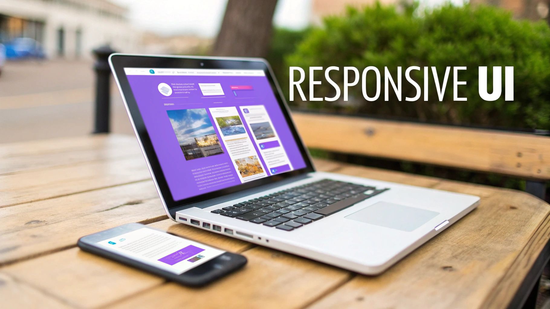 A laptop and a smartphone display a responsive website with purple UI, demonstrating adaptability across devices.