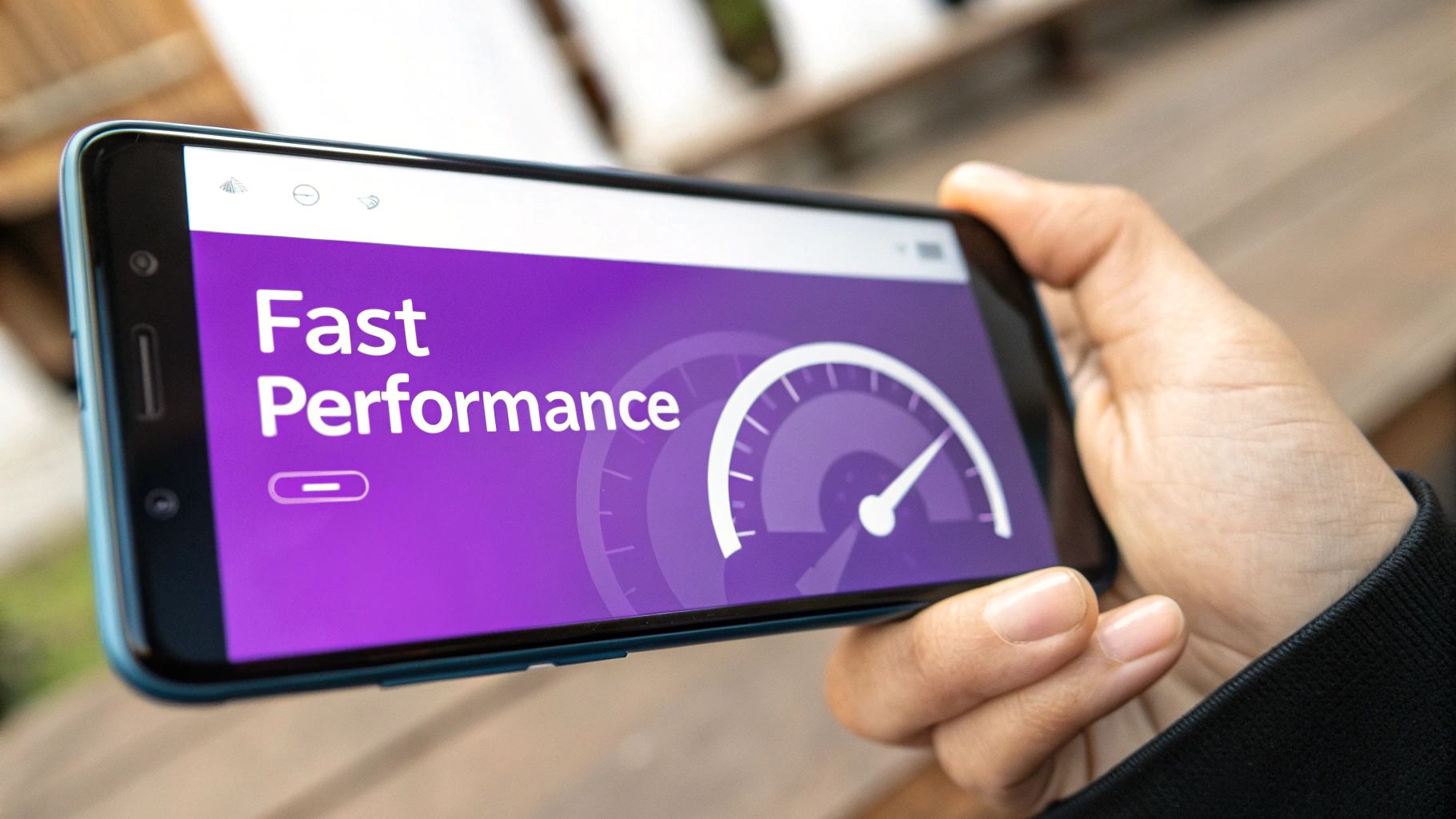 A person holds a smartphone displaying "Fast Performance" text and a speed gauge on a purple screen.