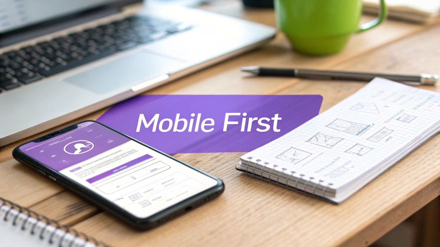 A desk with a laptop, smartphone showing an app, and a notepad with sketches, highlighted by 'Mobile First' text.
