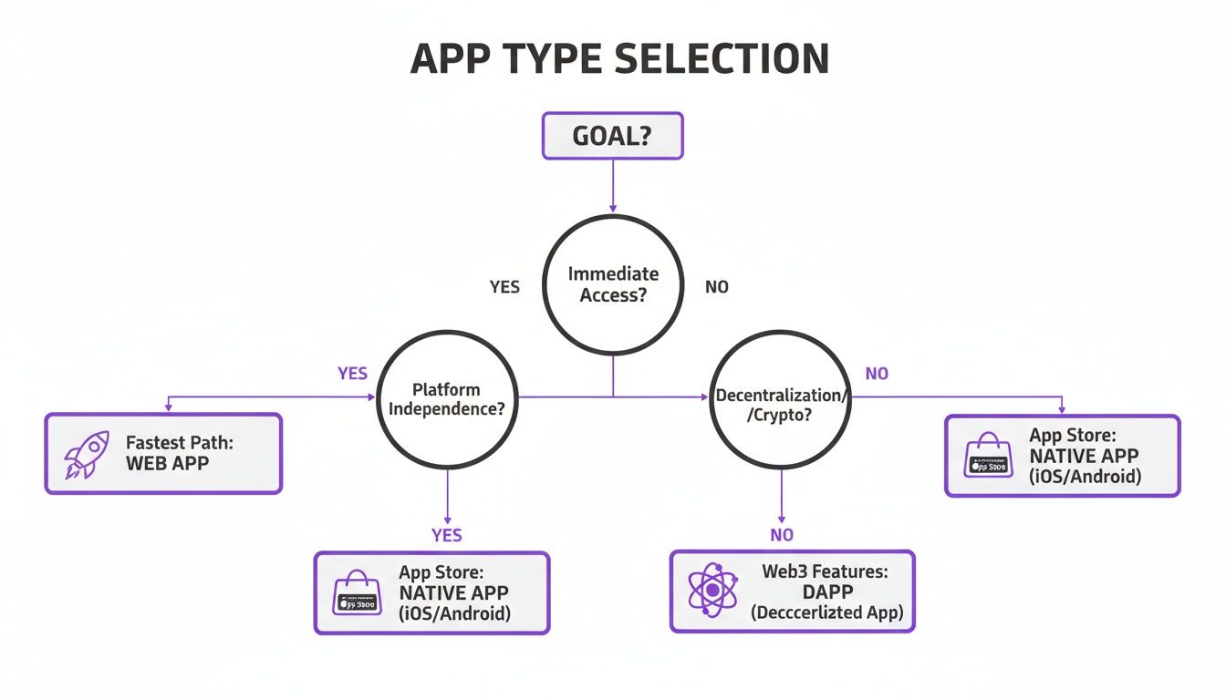 Flowchart for selecting an app type based on immediate access, platform independence, and decentralization/crypto.