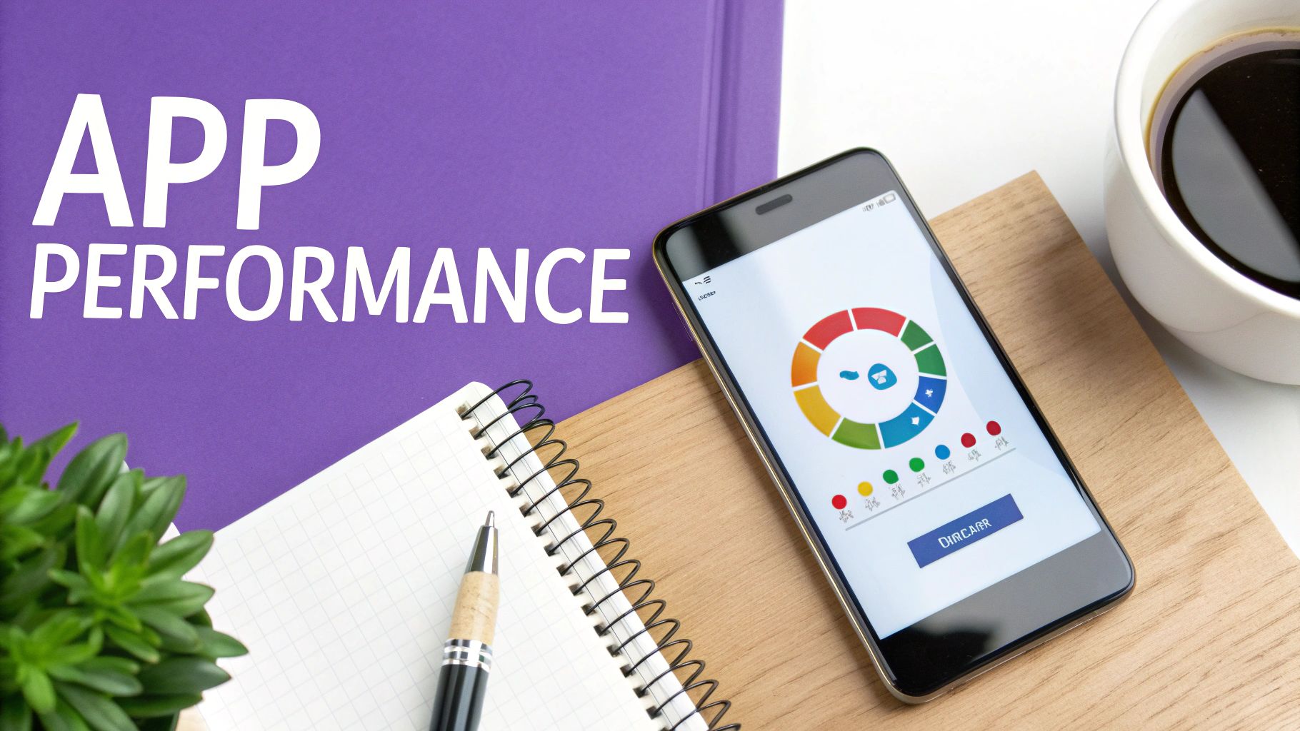 Smartphone displaying app performance metrics on a purple background with a notebook and coffee.