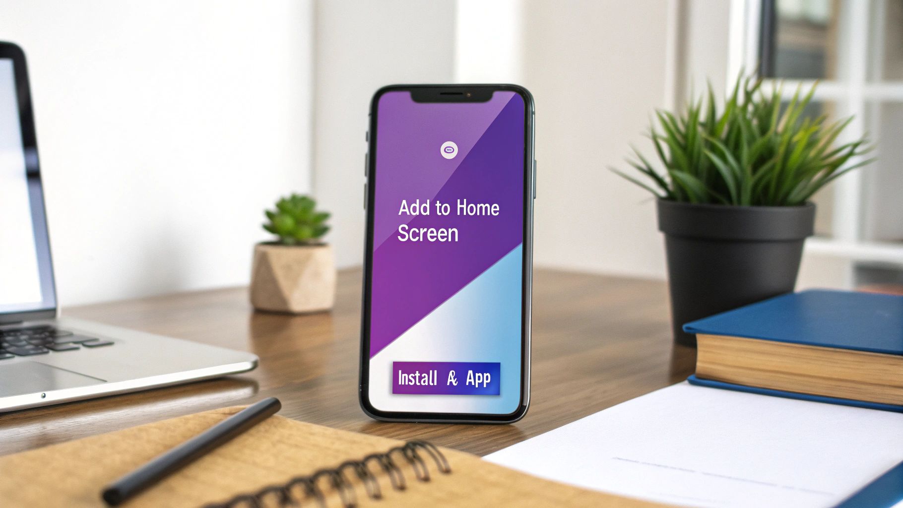 A smartphone on a desk displays 'Add to Home Screen' and an 'Install & App' button, alongside a laptop and plants.