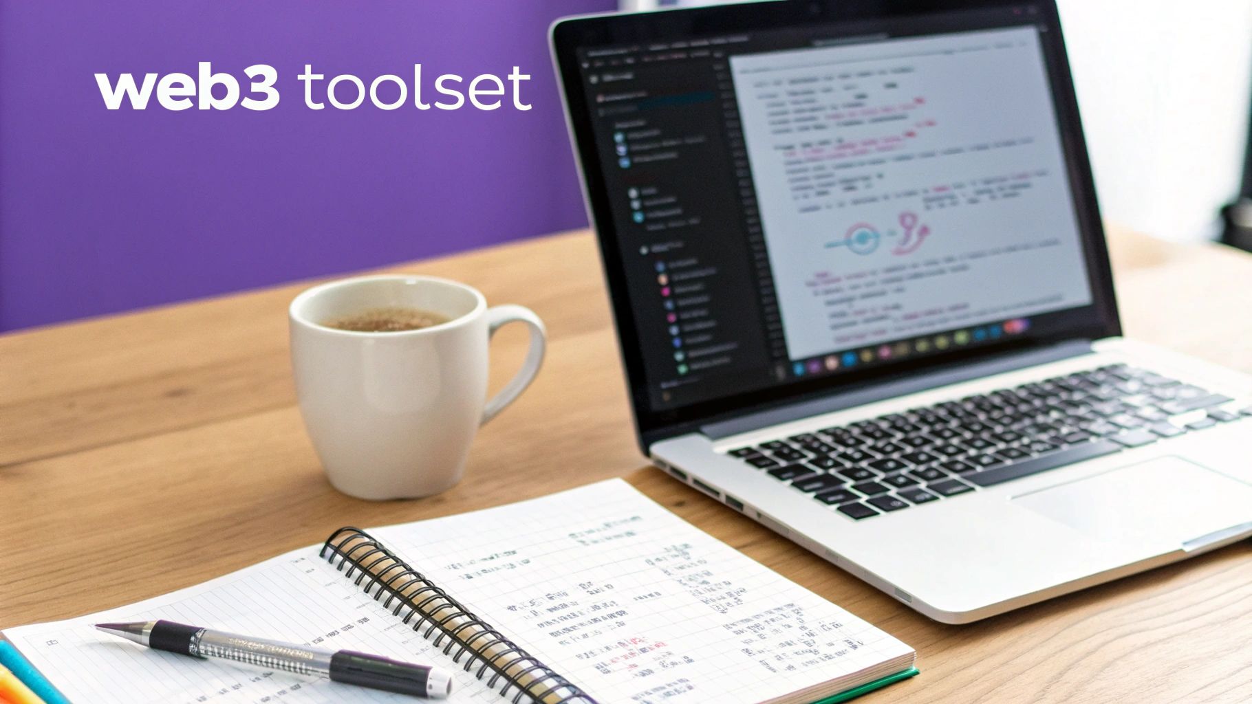 A web3 toolkit workspace with a laptop displaying code, a coffee cup, notebook, and pen on a wooden desk.