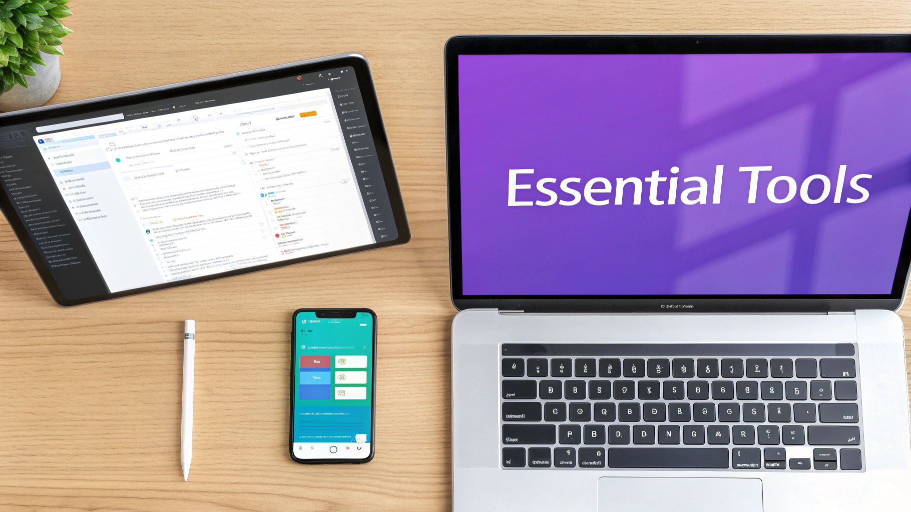 Overhead shot of a modern workspace with a tablet, smartphone, laptop showing 'Essential Tools', and an Apple Pencil.