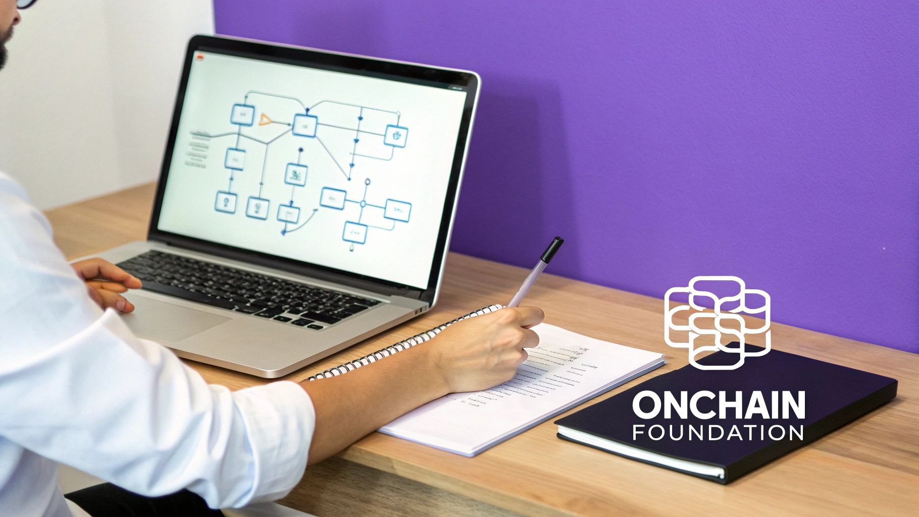 A person works on a laptop showing a flowchart and writes in a notebook, with 'ONCHAIN FOUNDATION' branding.