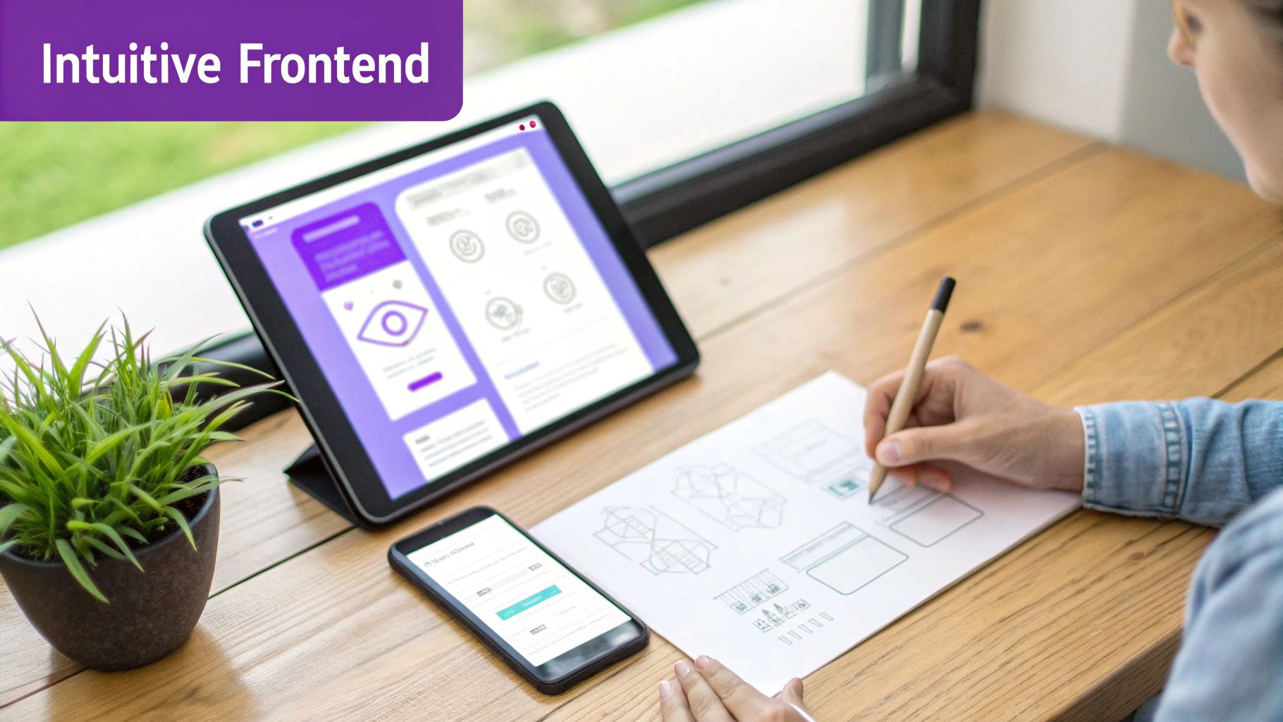 Person sketching app designs on paper, with a tablet and smartphone displaying intuitive app interfaces.