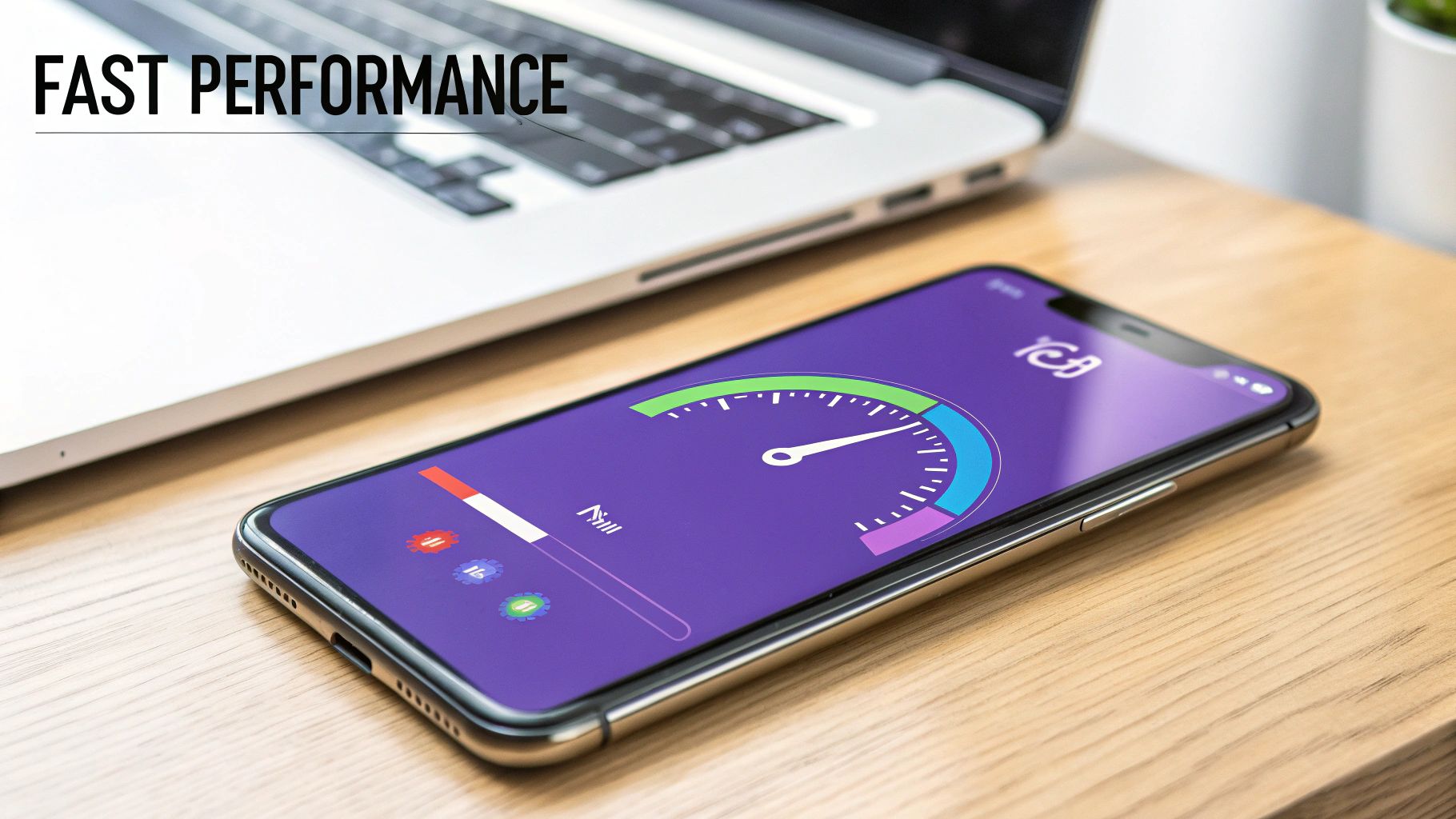 Smartphone on a wooden desk displaying a performance test app, emphasizing fast mobile capabilities.