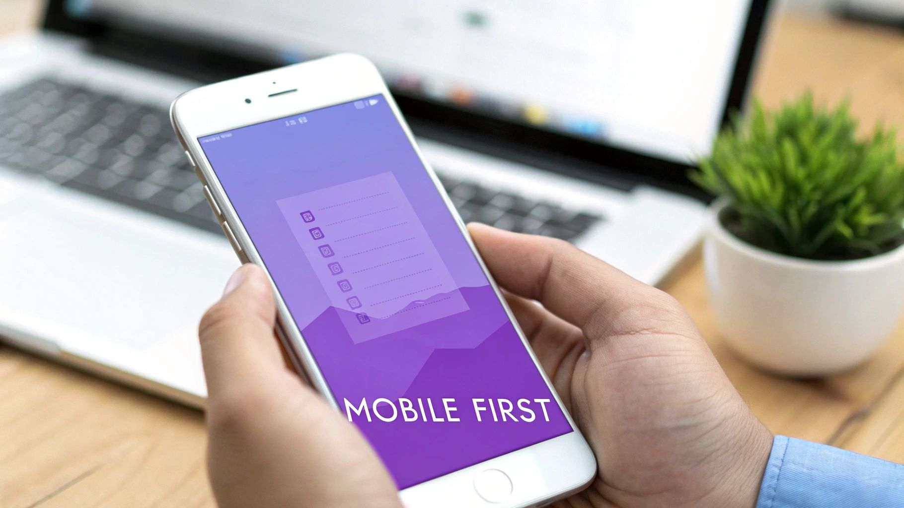 Hands holding a smartphone with 'MOBILE FIRST' text and social media icons on a purple screen.