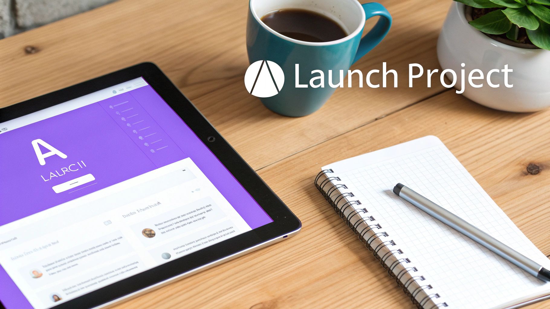 Workspace flat lay with tablet displaying 'Launch Project', coffee, notebook, pen, and plant on a wooden desk.