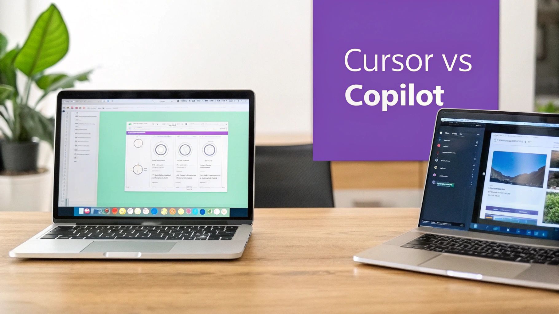 Two open laptops on a wooden desk with 'Cursor vs Copilot' text in the background.