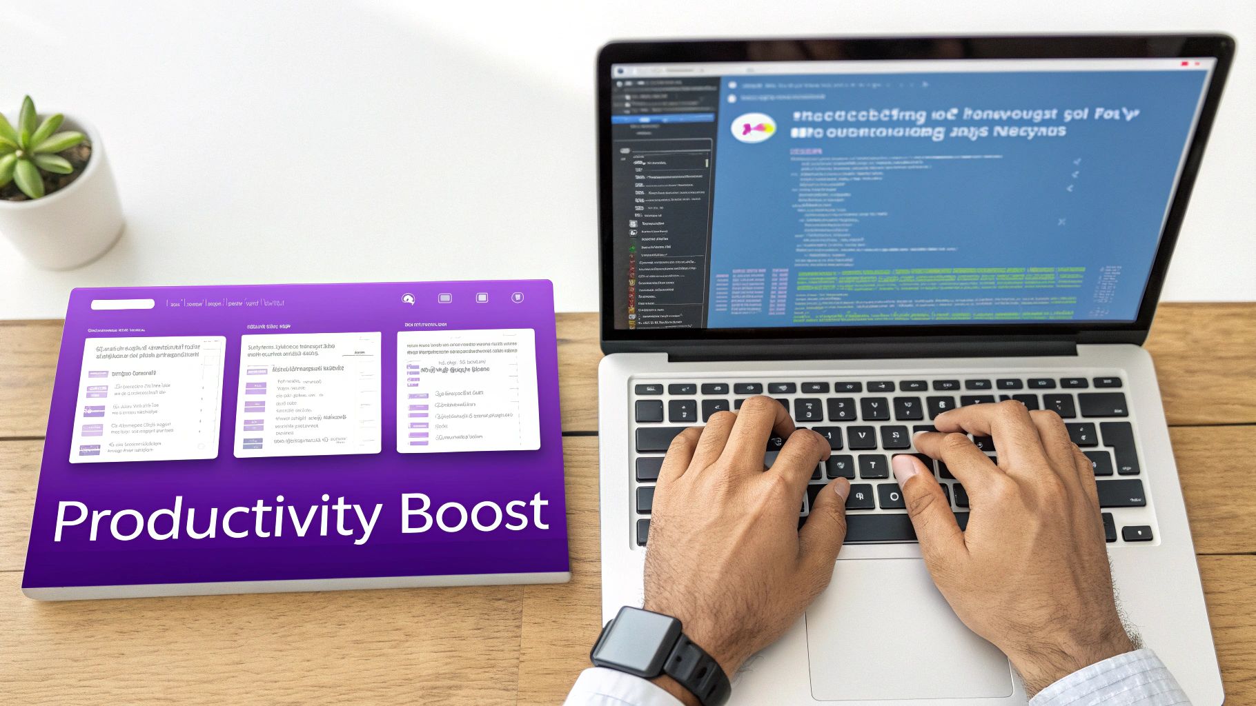 Hands typing on a laptop next to a 'Productivity Boost' tablet on a wooden desk.