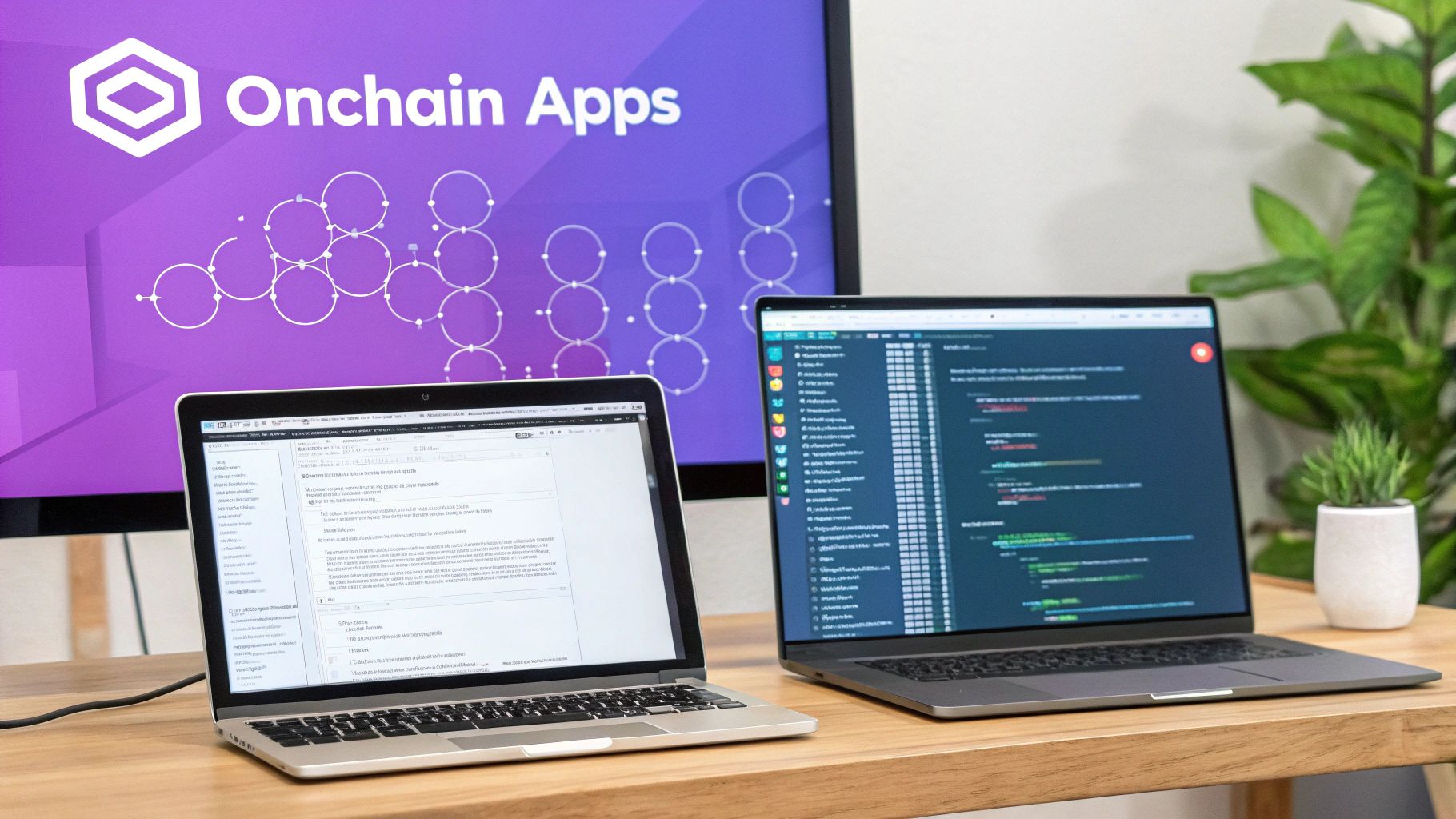 Two laptops on a wooden desk with a large monitor displaying 'Onchain Apps' and a code editor.