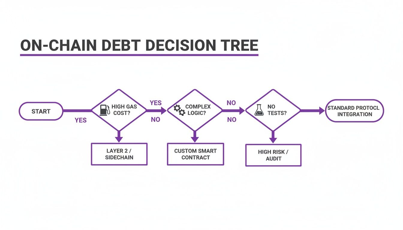 Decision tree for on-chain debt, outlining paths based on gas cost, logic complexity, and testing.