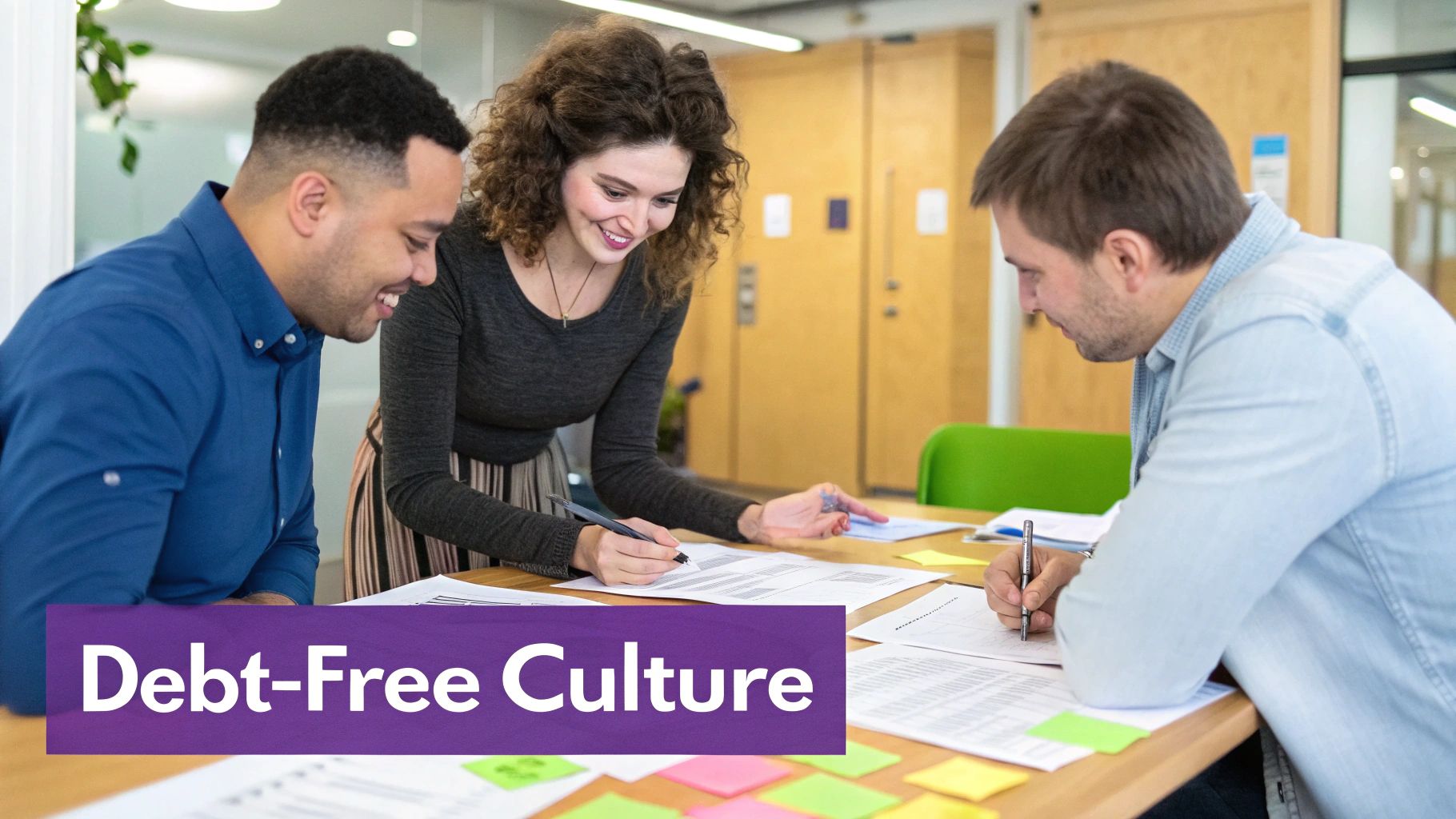 Three diverse colleagues collaborating on documents at a table in a bright office environment.