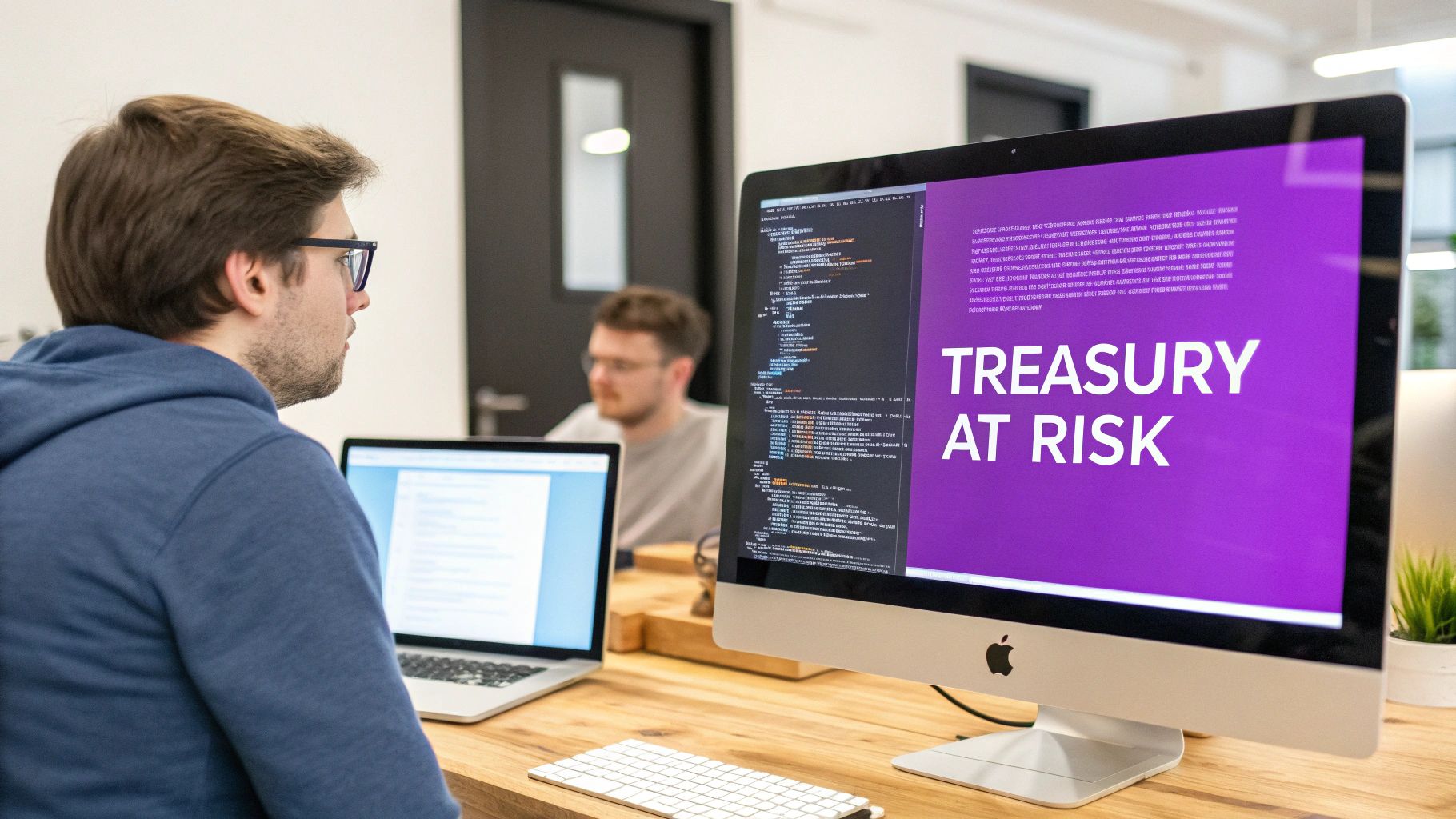 Two developers working at computers in an office, with one screen displaying code and 'TREASURY AT RISK'.