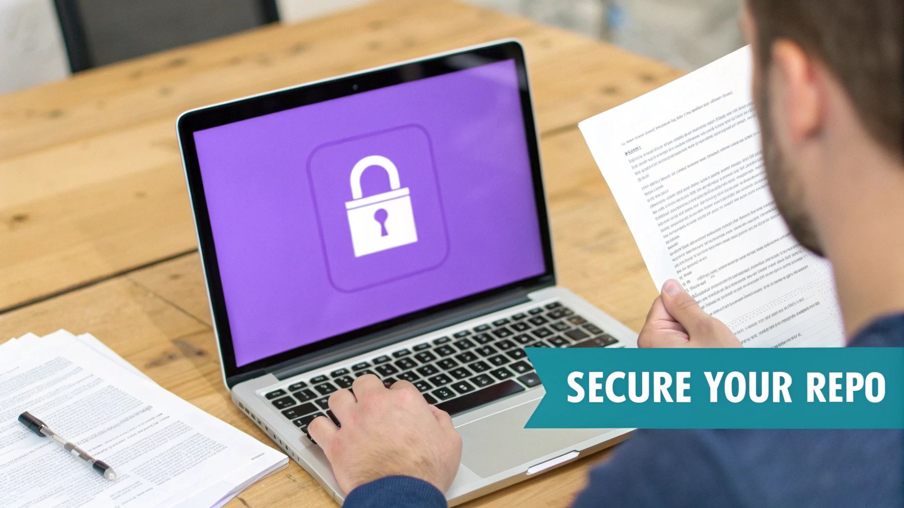 A person types on a laptop displaying a security lock icon, with documents on a wooden table, highlighting repository security.
