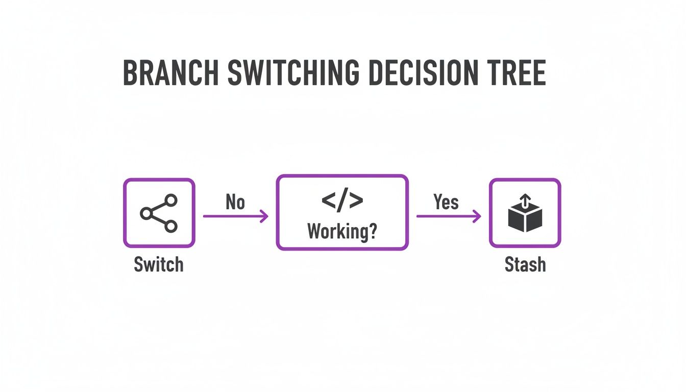 A decision tree flowchart illustrating the steps for branch switching and handling working changes in Git.