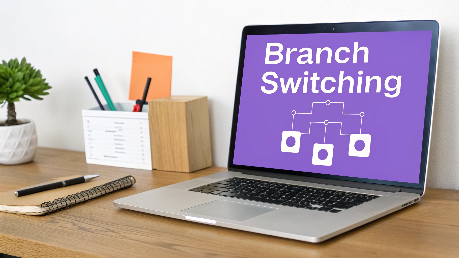 A laptop on a wooden desk displays 'Branch Switching' and a diagram, with office supplies nearby.