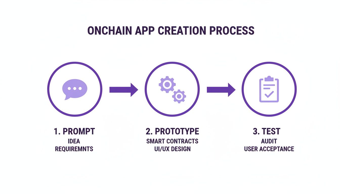 An infographic detailing the three-step onchain app creation process: prompt, prototype, and test, with corresponding icons.