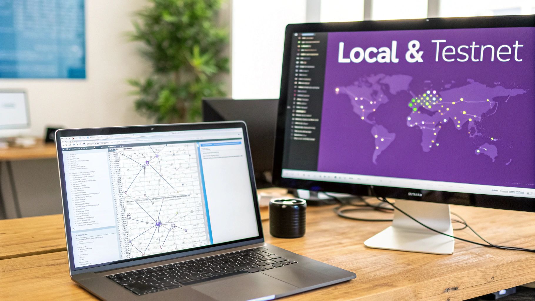 Modern workspace with a laptop and desktop monitor illustrating network testing and global data connections.
