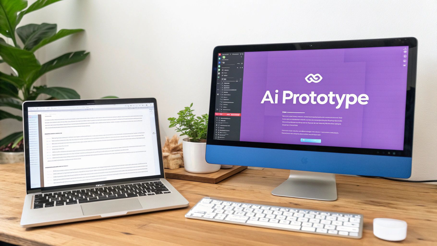 A modern developer workspace featuring a laptop and desktop running an AI prototyping application.