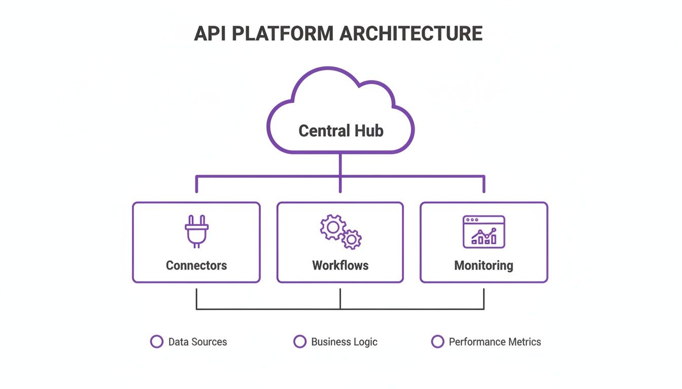 A diagram illustrating the API platform architecture, featuring a central hub connected to connectors, workflows, and monitoring.