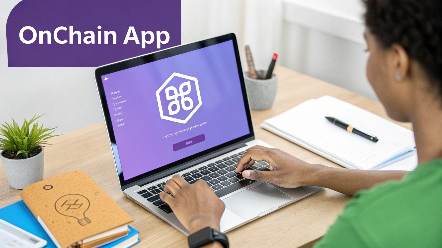 Person typing on a laptop displaying the 'OnChain App' interface with a logo on a wooden desk.