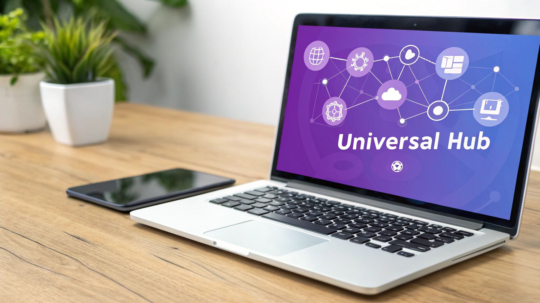 Laptop screen displays 'Universal Hub' with interconnected icons, symbolizing an API integrations platform.