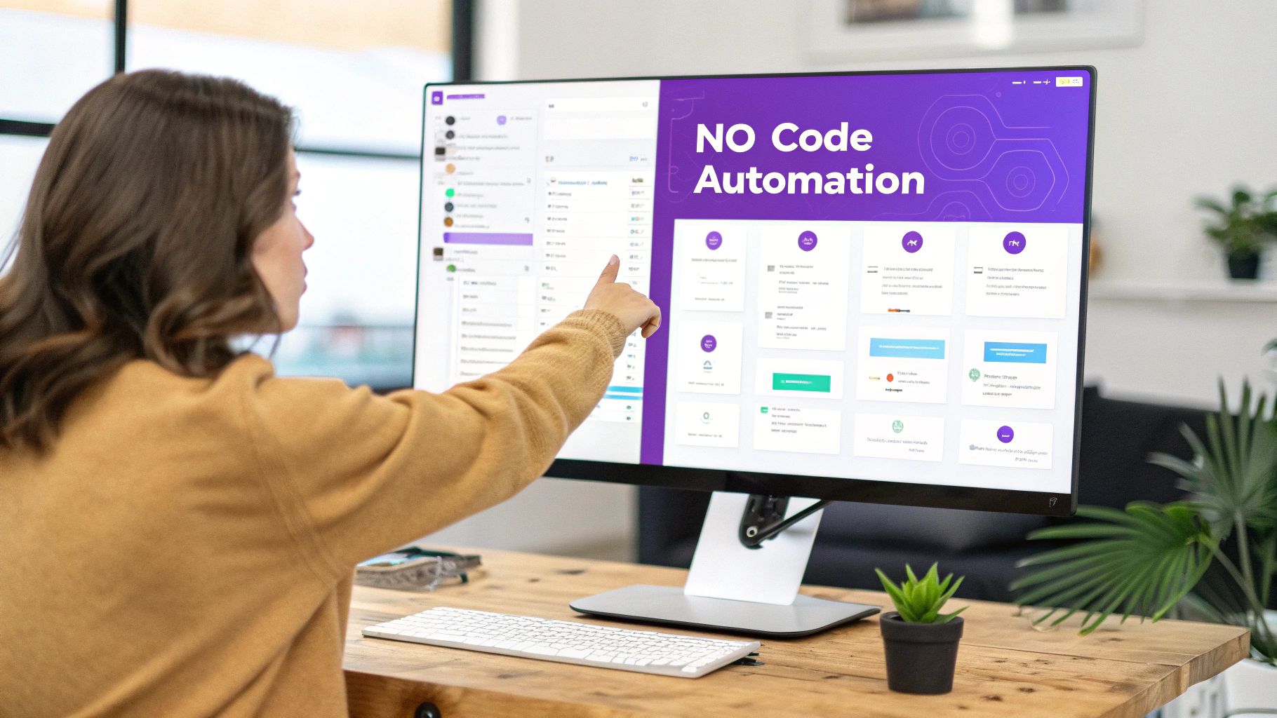 A woman points at a large computer monitor showcasing a 'NO Code Automation' platform interface.