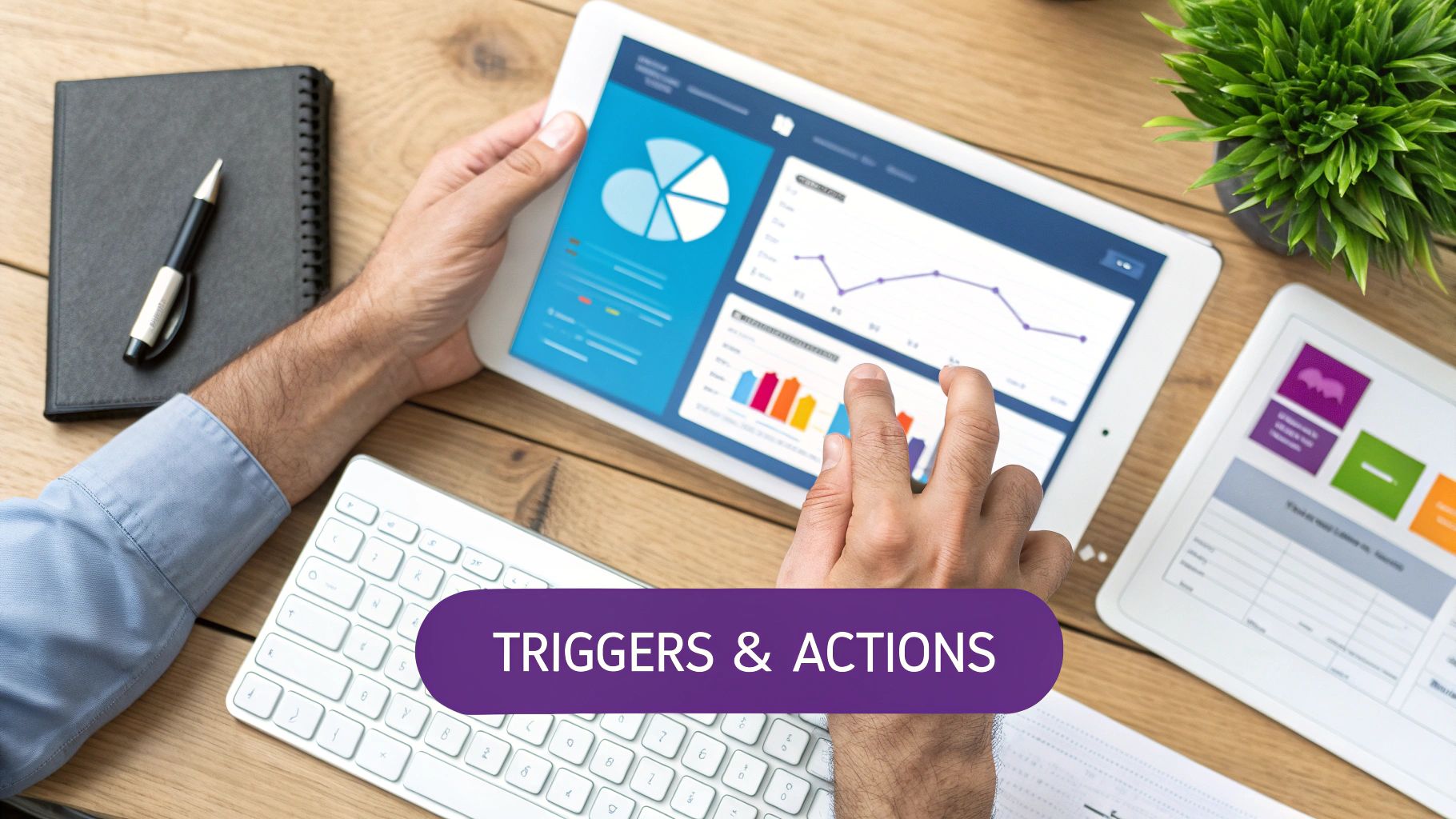 Close-up of hands using a tablet displaying data charts, 'Triggers & Actions' text overlay, and workspace tools.