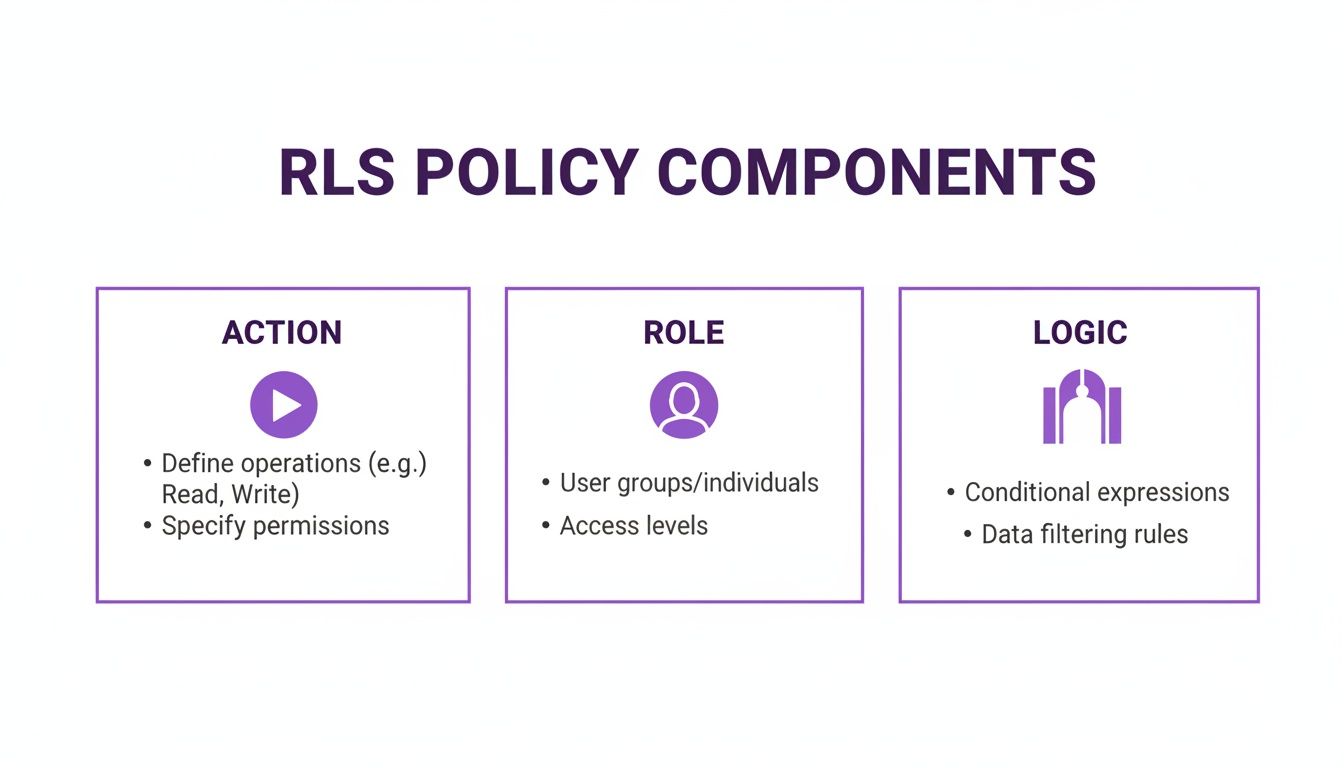 An infographic detailing Row-Level Security policy components: Action, Role, and Logic, with descriptions.