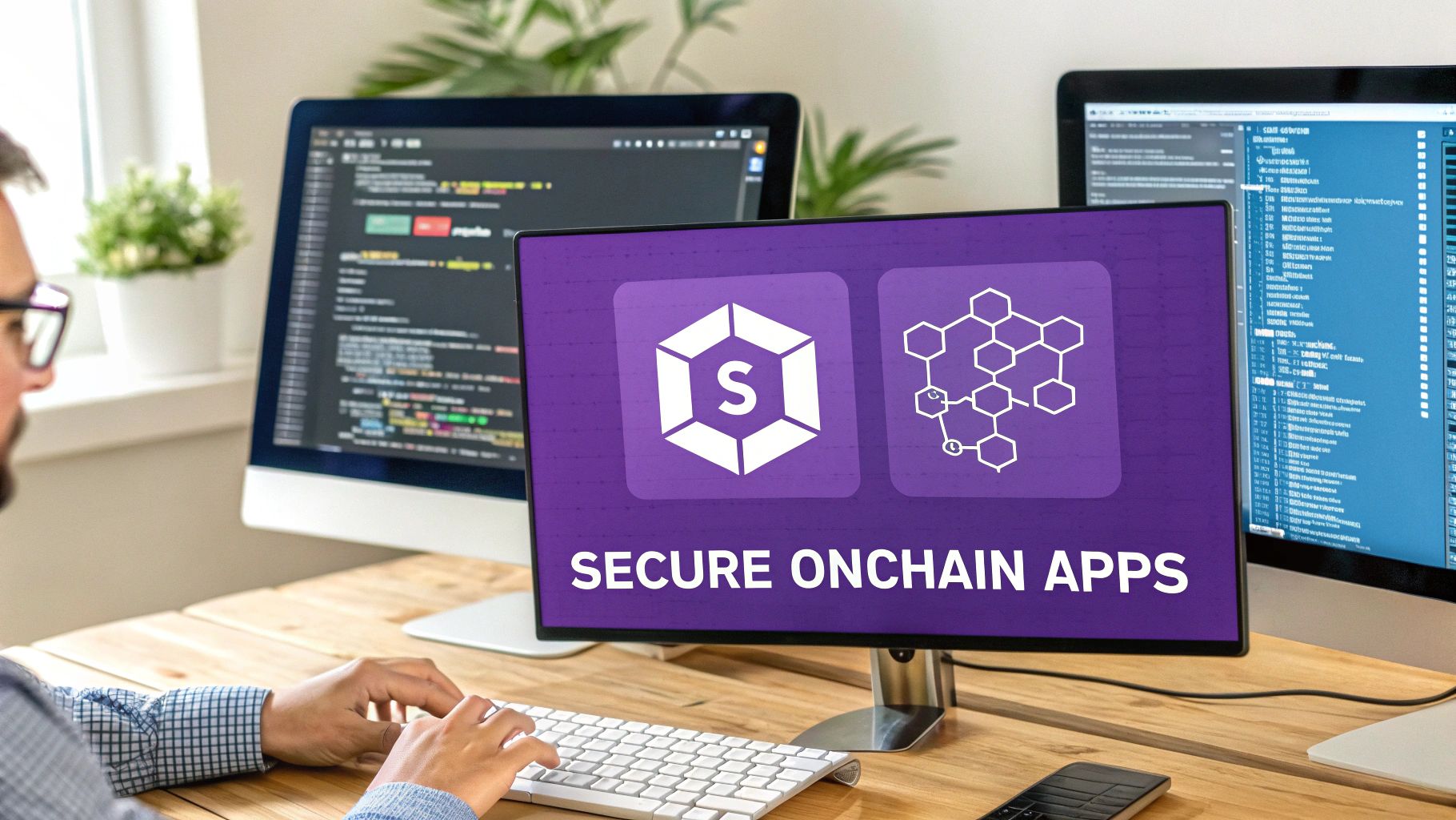 A developer coding on a computer, with a screen showing "SECURE ONCHAIN APPS" and blockchain icons.