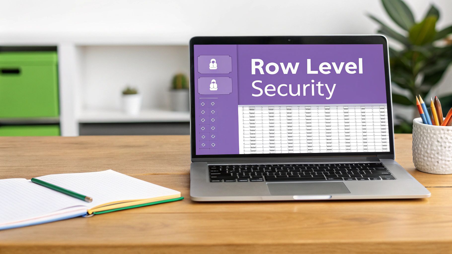A laptop on a wooden desk displays 'Row Level Security' with a spreadsheet. A notebook and pencils are nearby.