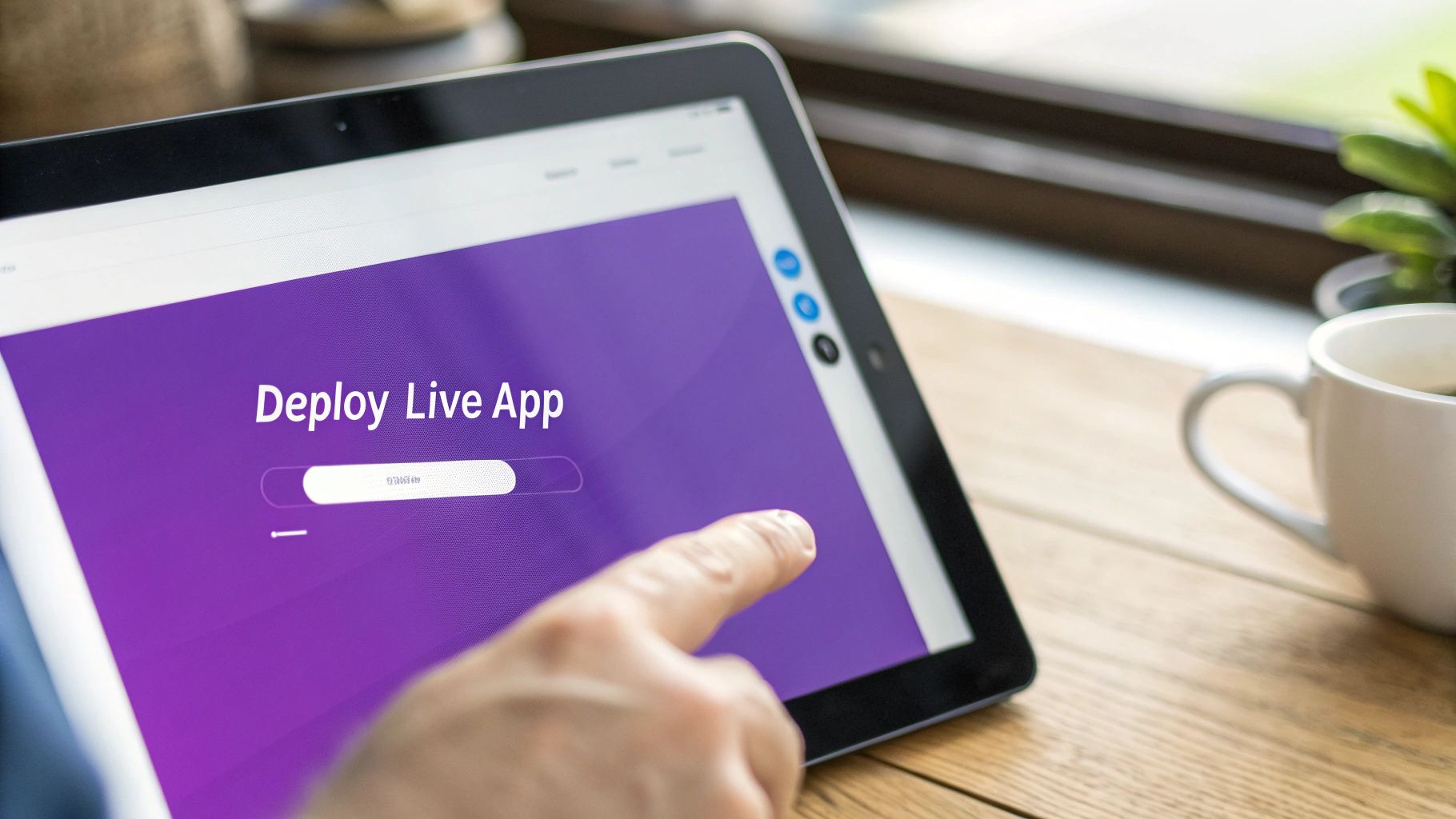 A hand interacts with a tablet displaying 'Deploy Live App' on a purple screen in a modern workspace.