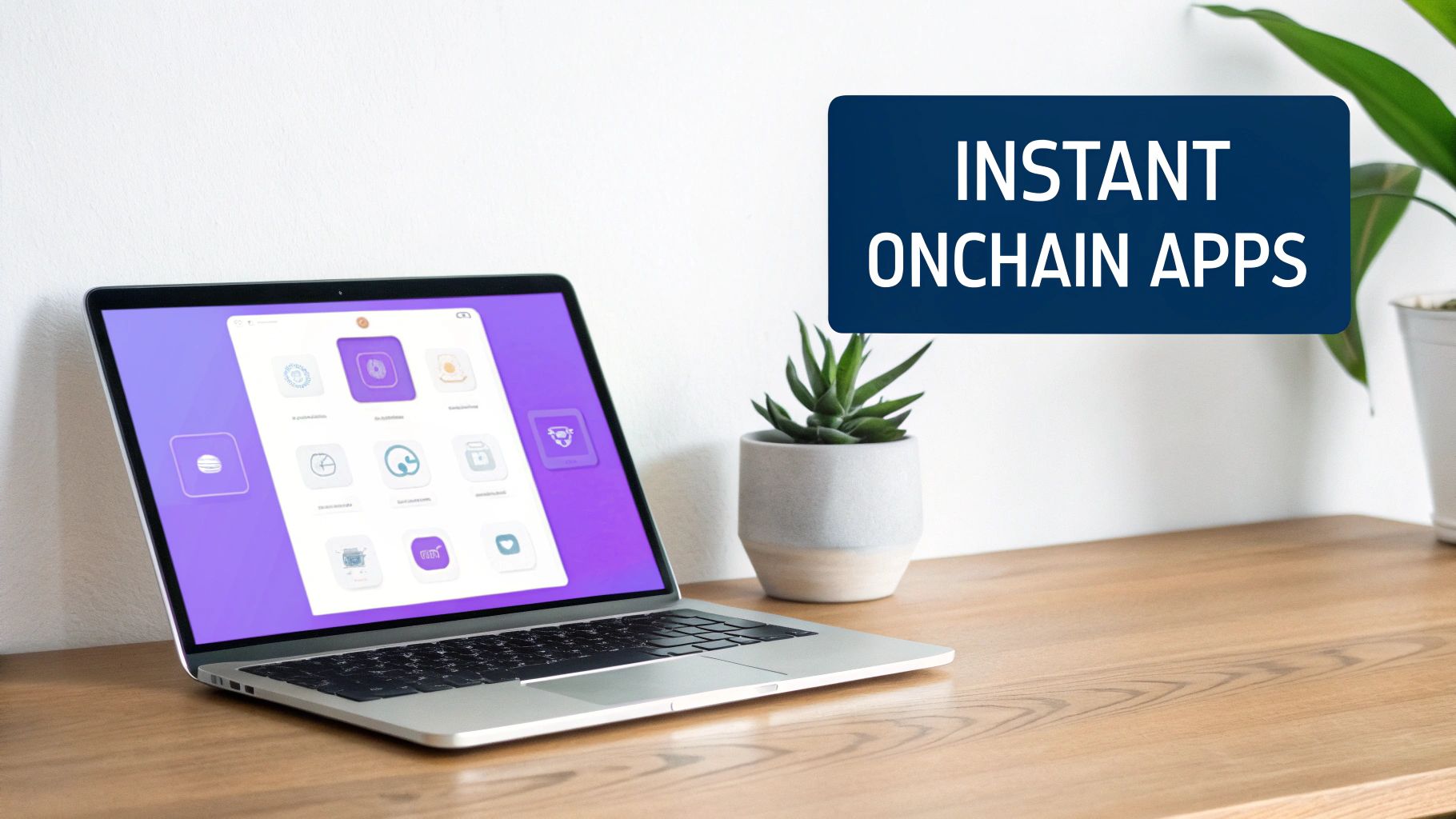 Laptop displaying a purple app interface on a wooden desk, promoting instant onchain apps.