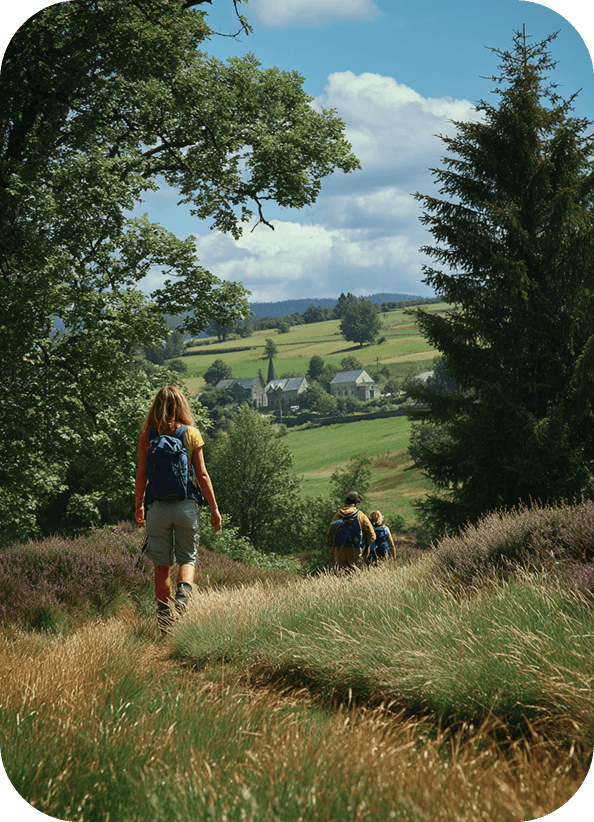 Three hikers walking on a grassy trail through a lush green landscape towards a village in the distance with trees and rolling hills under a partly cloudy sky.