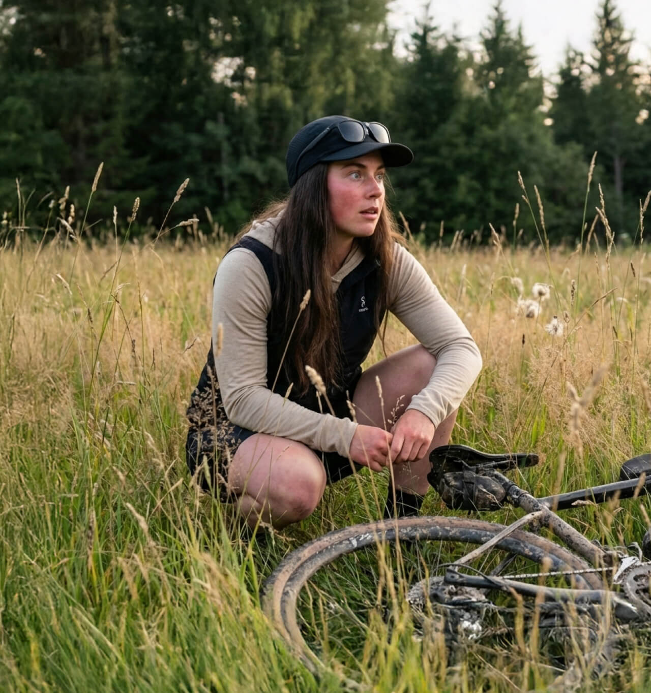 Young woman wearing a cap and vest squatting in a grassy field next to a muddy bicycle.