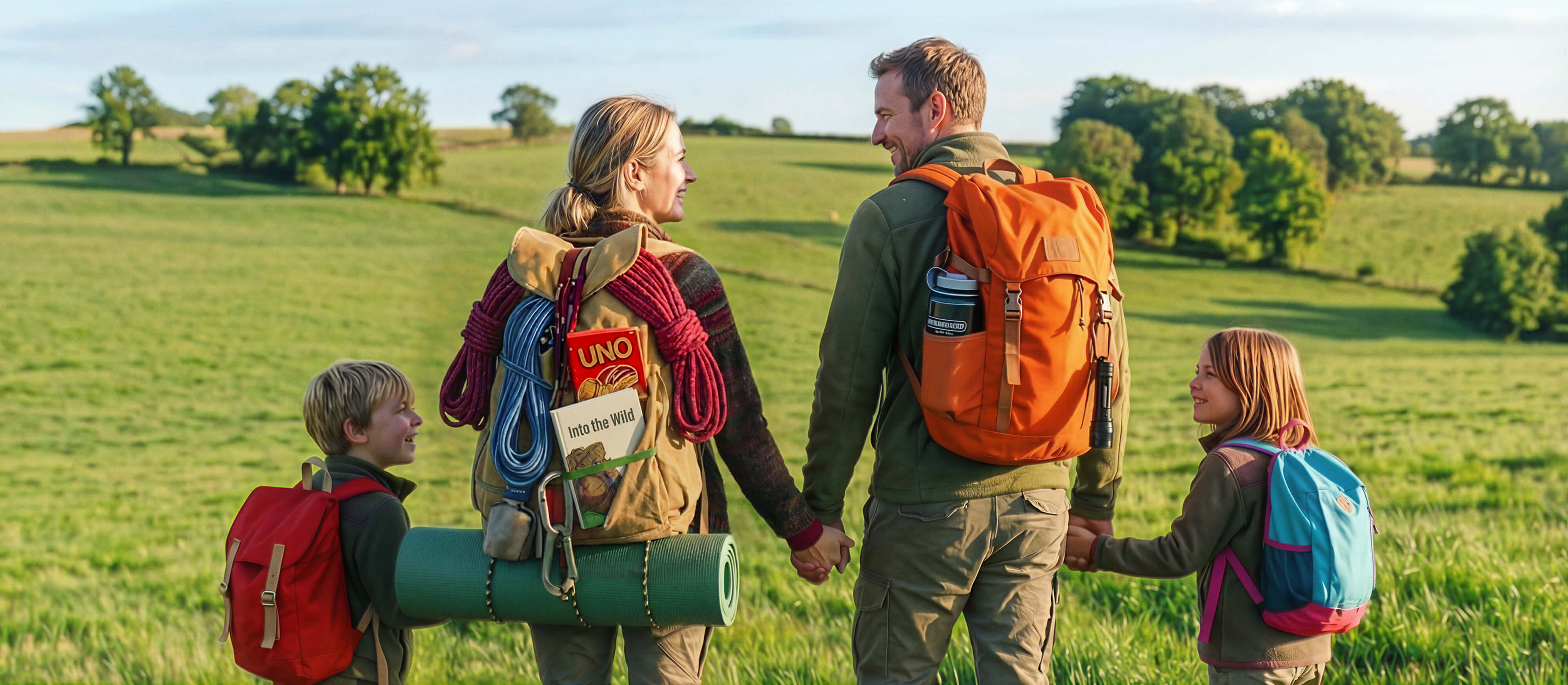 Family of four hiking in a green field, holding hands with backpacks and outdoor gear.