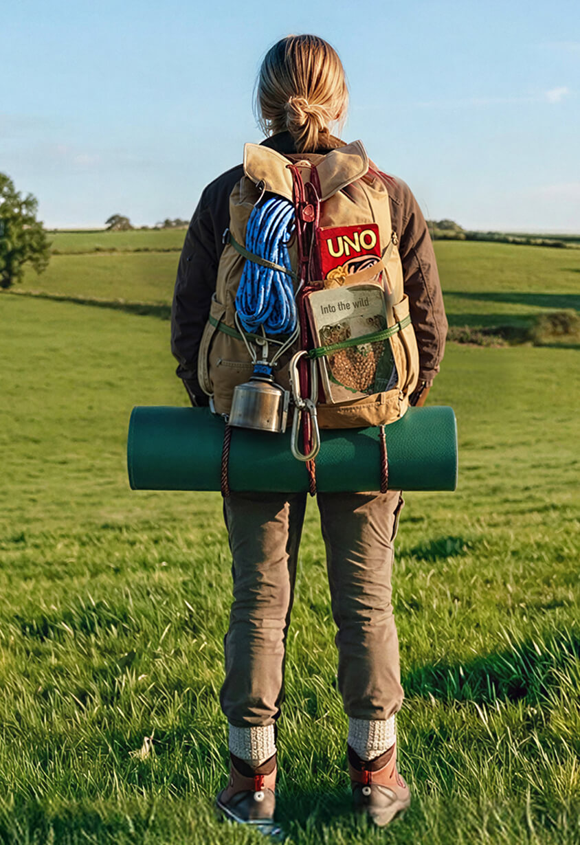Person standing in a grassy field wearing a backpack with climbing rope, a rolled sleeping mat, and a book titled 'Into the Wild'.