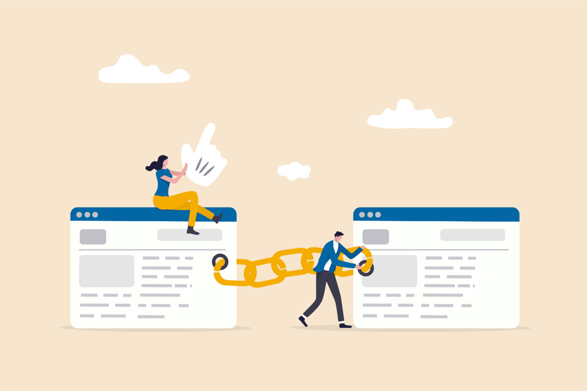 Businessman add link chain between webpages