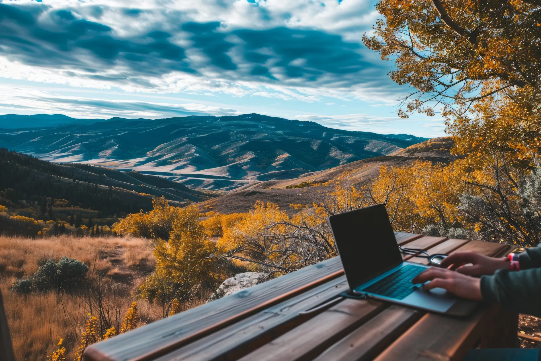 Une personne travail sur un ordinateur portable devant des montagnes