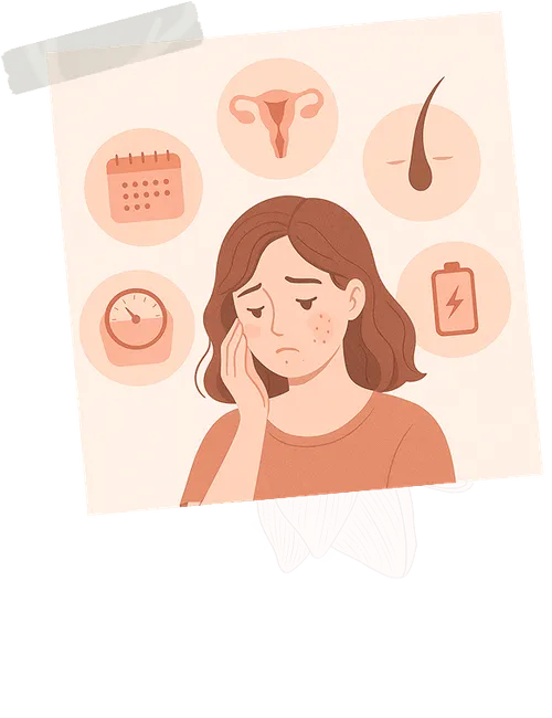 Illustration of a woman with the different symptoms of PCOS