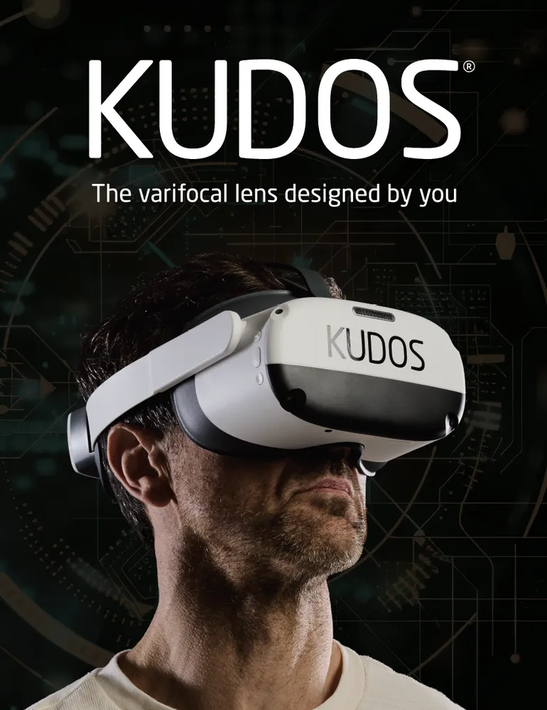 Kudos VR headset with person wearing it against technological background