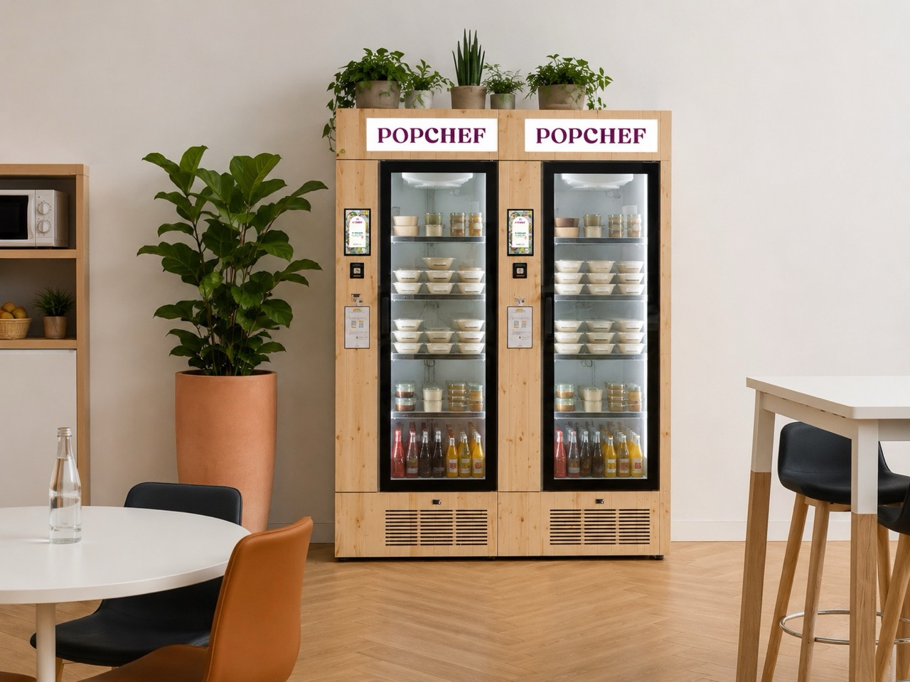 Deux frigos connectés sans travaux dans un espace déjeuner au sein d'une entreprise